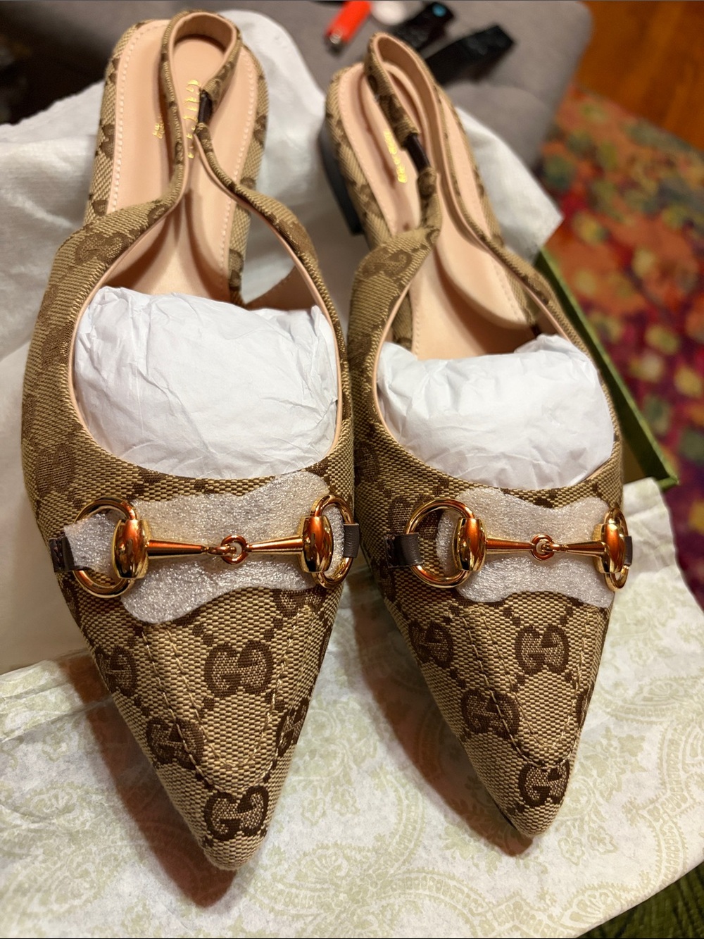 GG Crystaline Leather Mesh Yarn Slingback Sandals - Beige